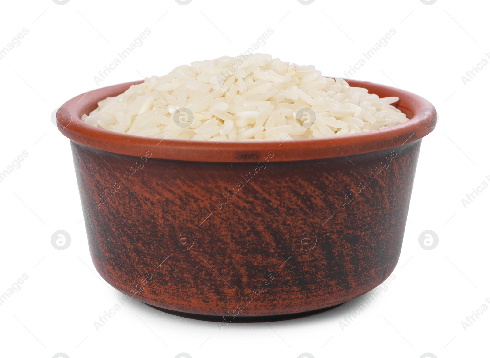 Photo of Raw rice in bowl isolated on white