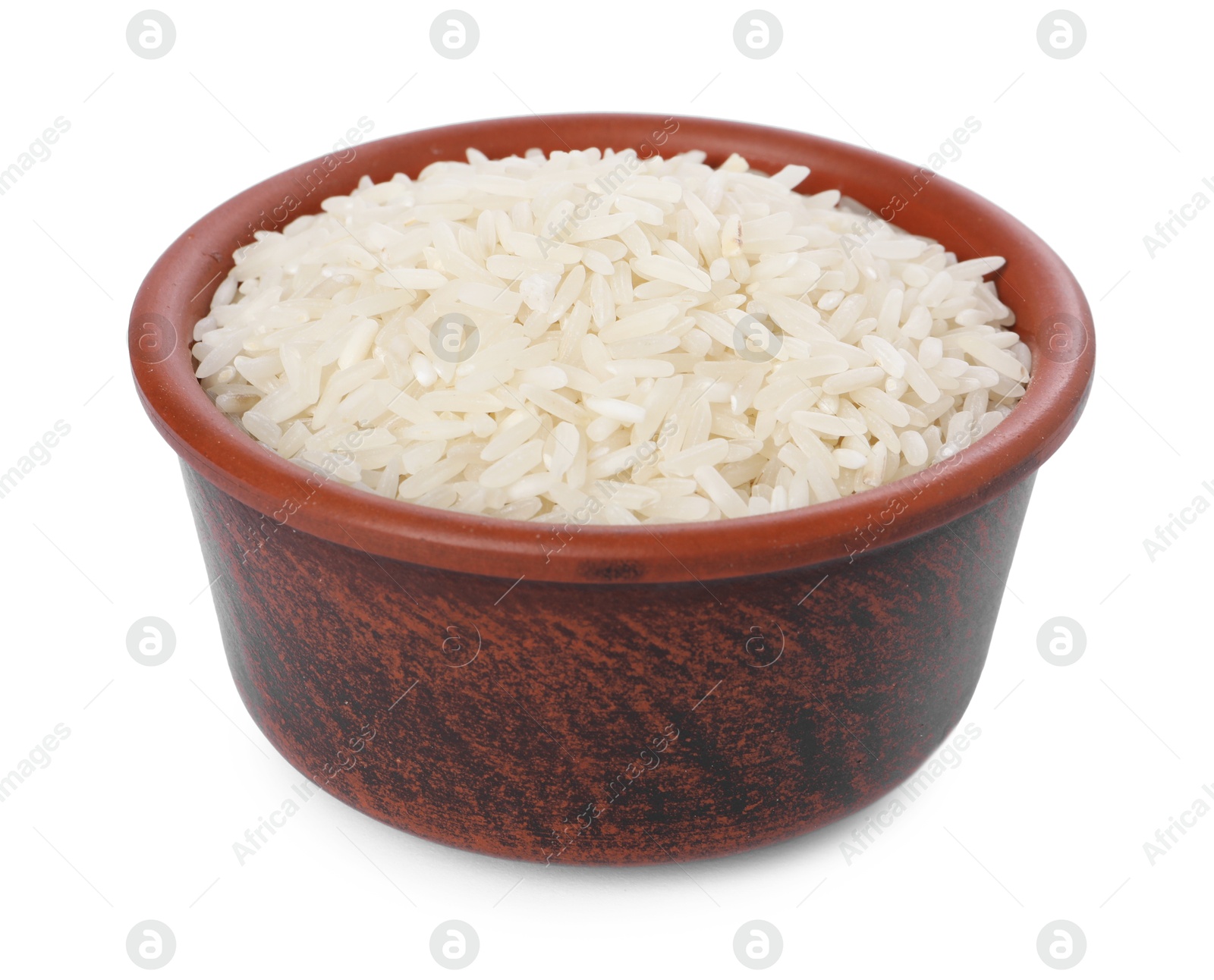 Photo of Raw rice in bowl isolated on white