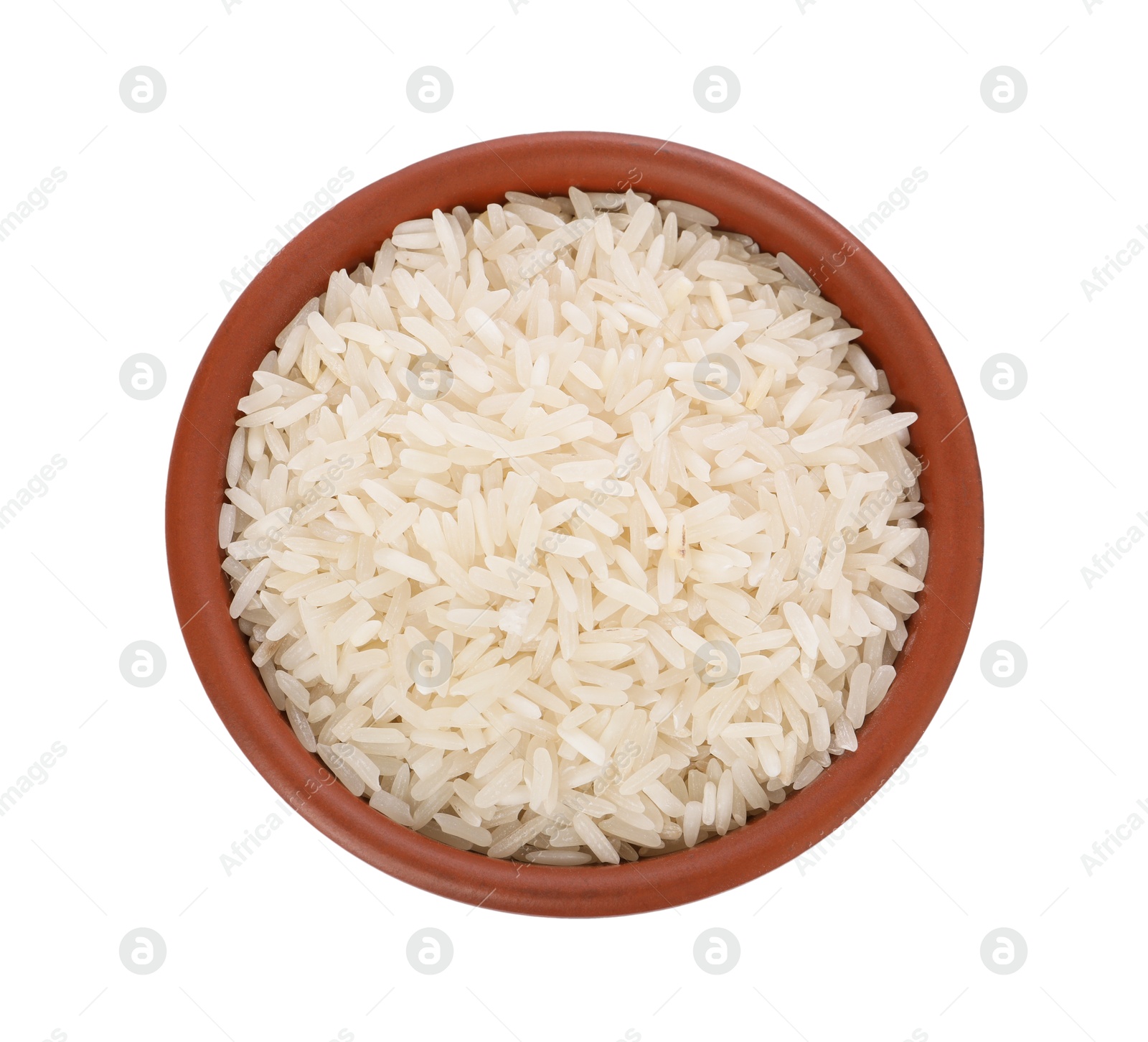 Photo of Raw rice in bowl isolated on white, top view