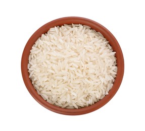 Photo of Raw rice in bowl isolated on white, top view