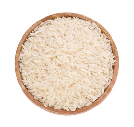 Photo of Raw rice in bowl isolated on white, top view