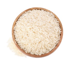 Photo of Raw rice in bowl isolated on white, top view