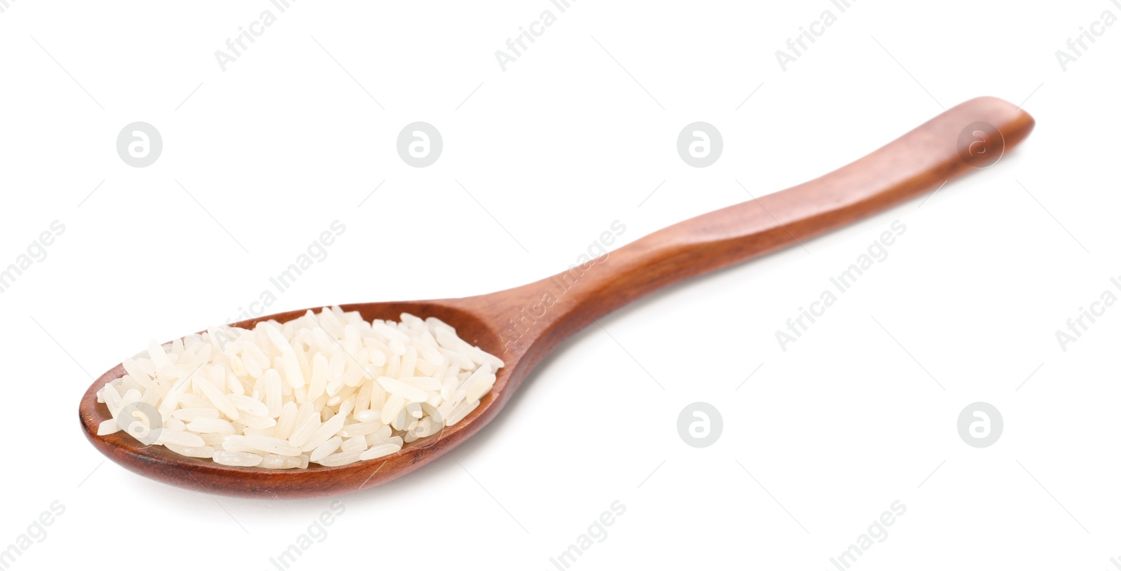 Photo of Spoon with raw rice isolated on white