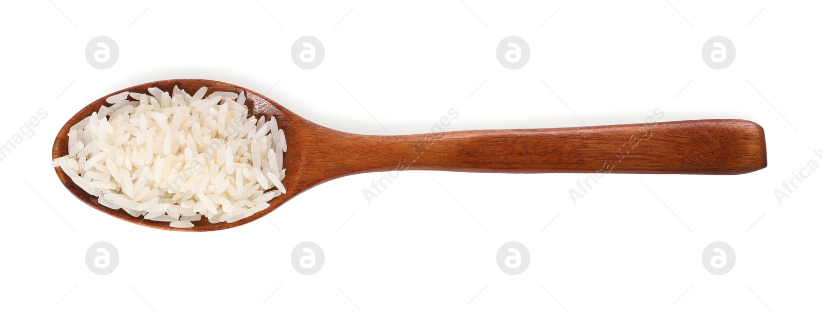 Photo of Spoon with raw rice isolated on white, top view