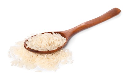 Photo of Spoon with raw rice isolated on white