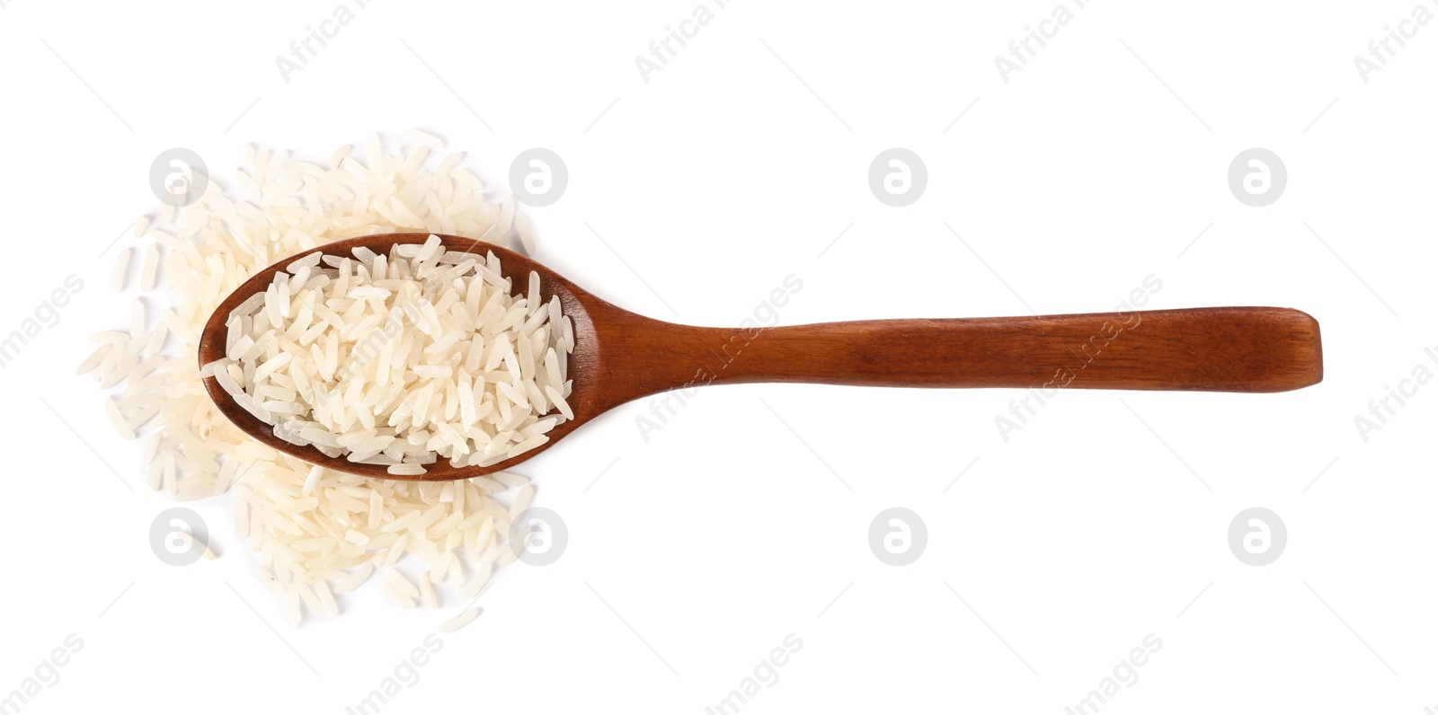 Photo of Spoon with raw rice isolated on white, top view