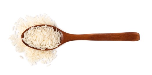 Photo of Spoon with raw rice isolated on white, top view