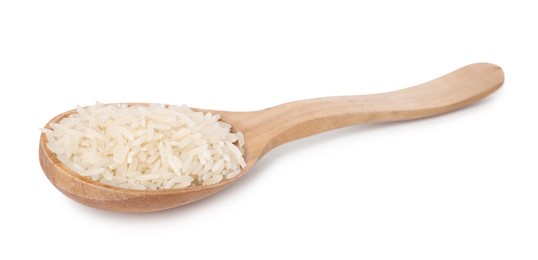 Photo of Spoon with raw rice isolated on white