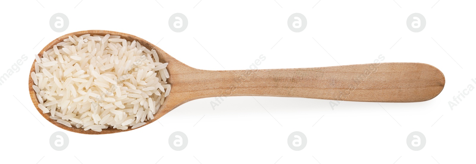 Photo of Spoon with raw rice isolated on white, top view