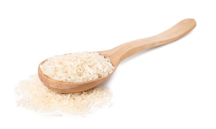 Photo of Spoon with raw rice isolated on white