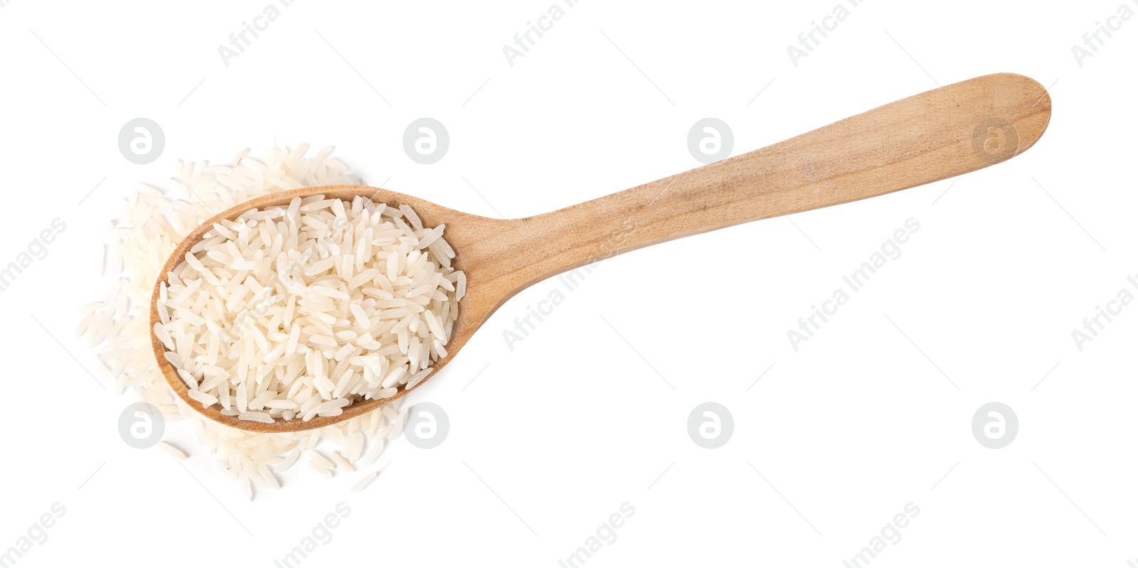 Photo of Spoon with raw rice isolated on white, top view