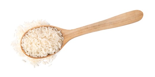 Photo of Spoon with raw rice isolated on white, top view