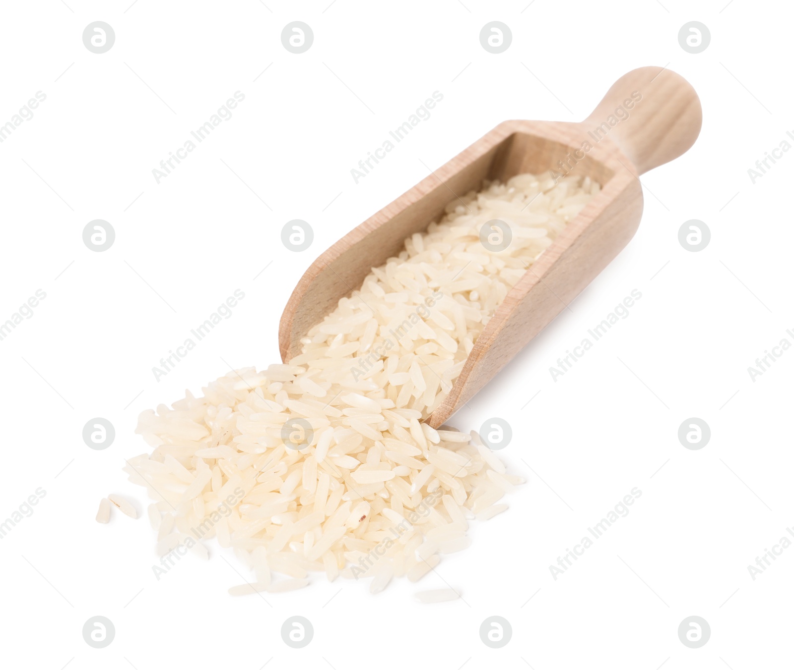 Photo of Scoop with raw rice isolated on white