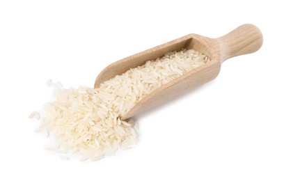 Photo of Scoop with raw rice isolated on white