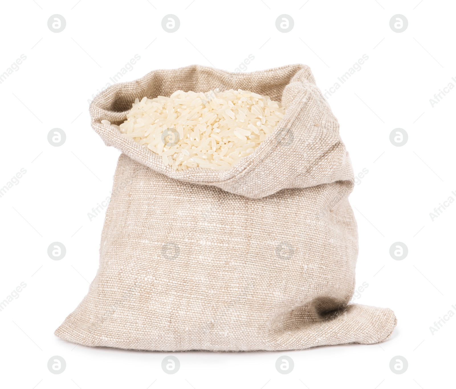 Photo of Raw rice in sack isolated on white