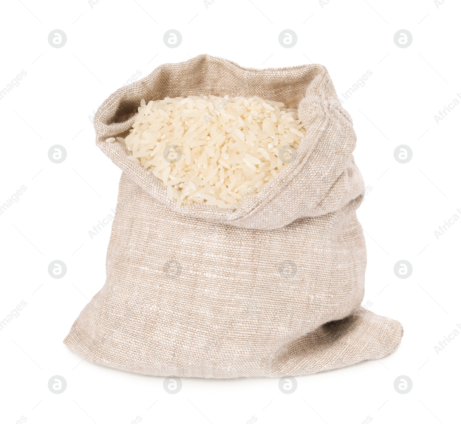 Photo of Raw rice in sack isolated on white