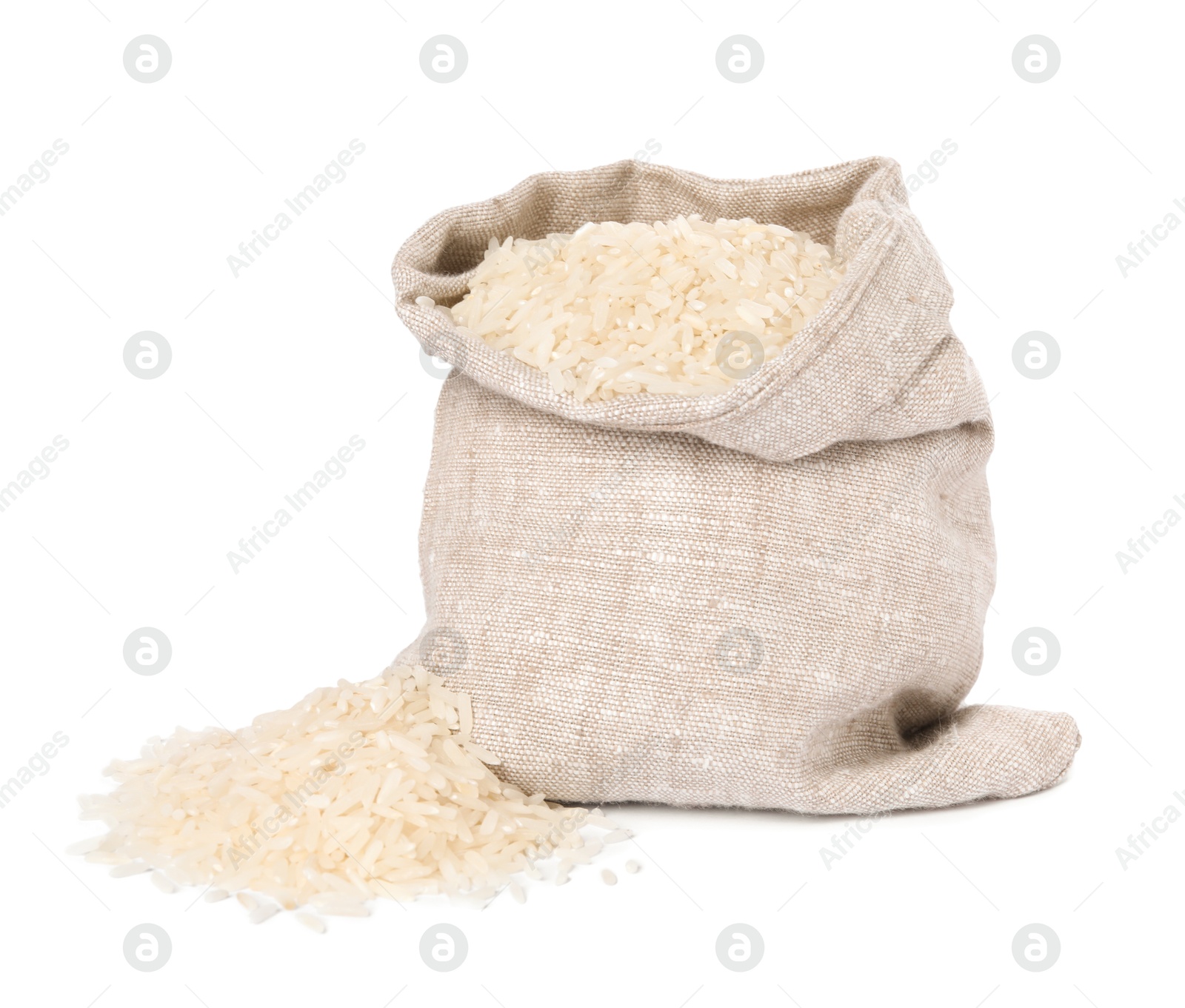 Photo of Raw rice in sack isolated on white