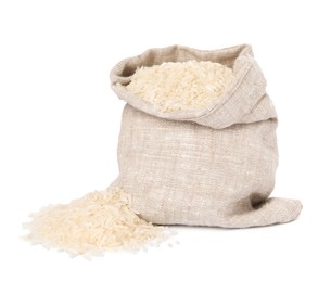 Photo of Raw rice in sack isolated on white