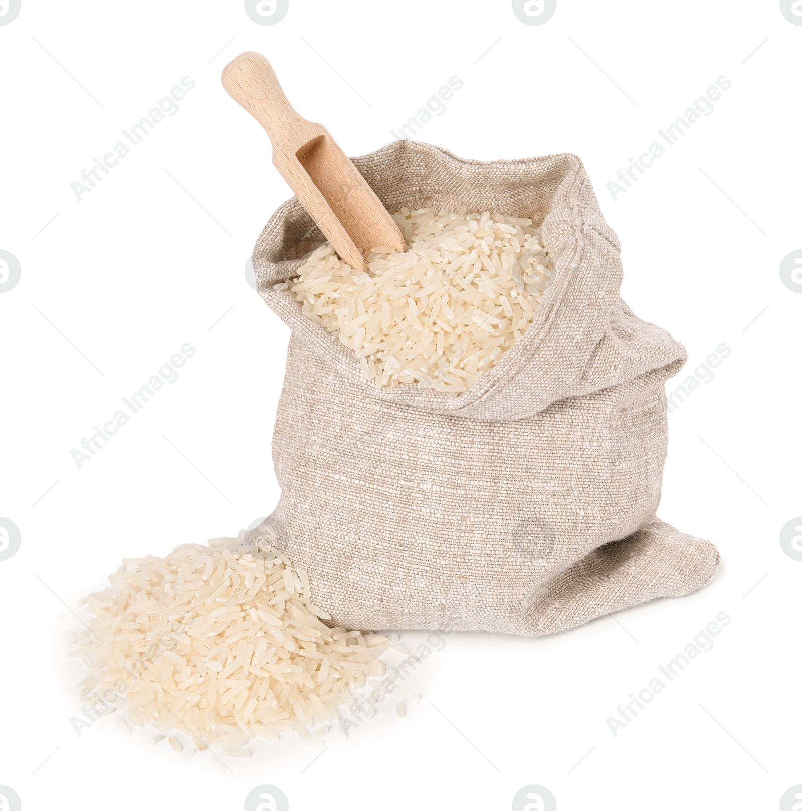 Photo of Raw rice and scoop in sack isolated on white