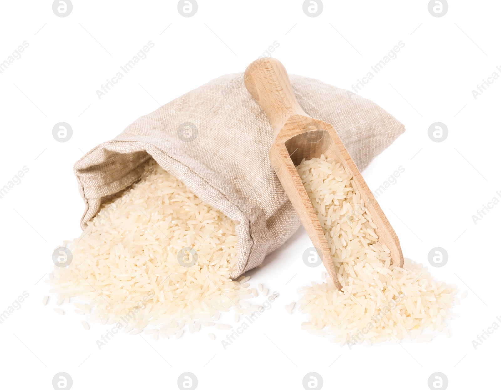 Photo of Raw rice in sack and scoop isolated on white