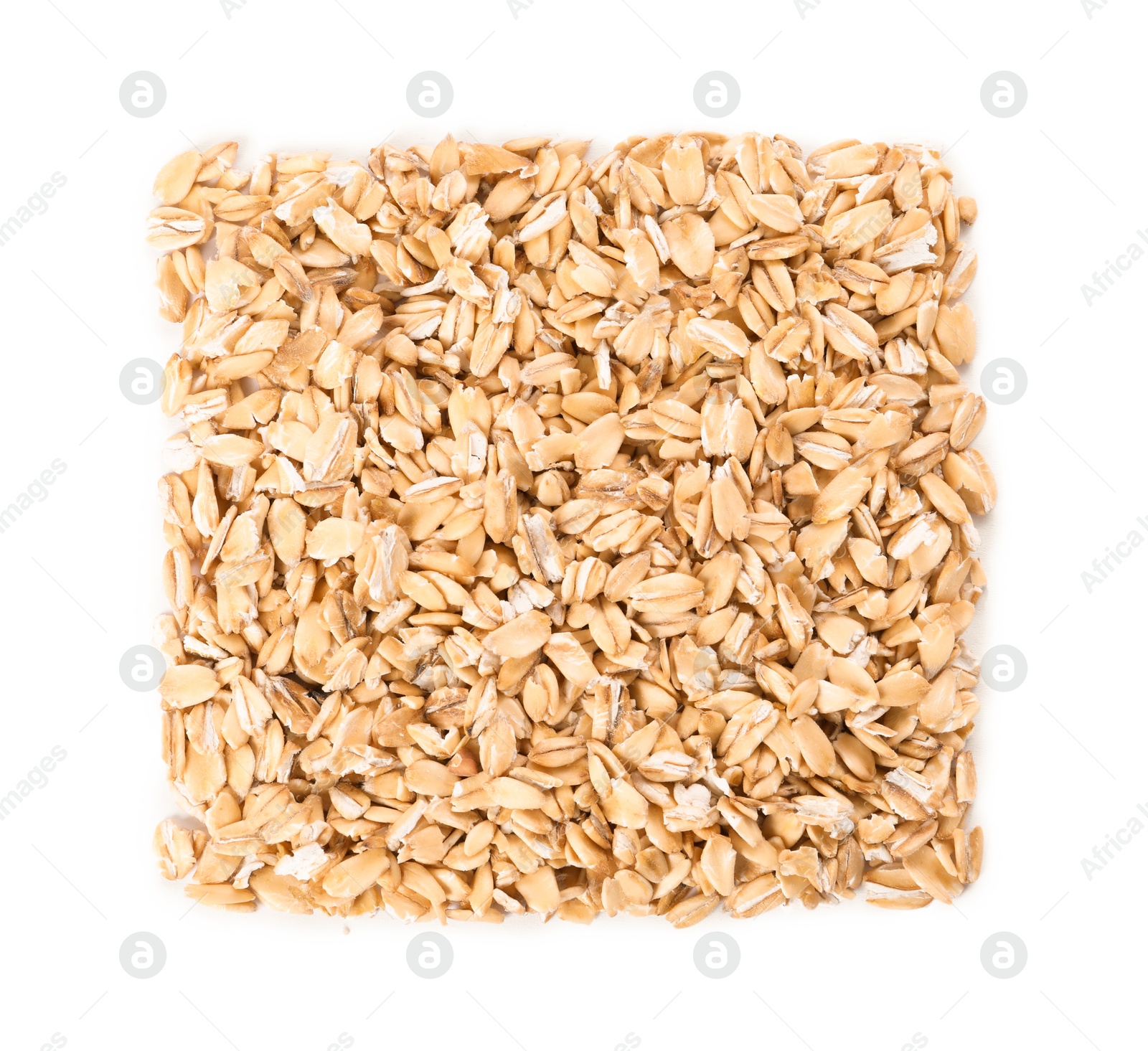 Photo of Oat flakes isolated on white, top view