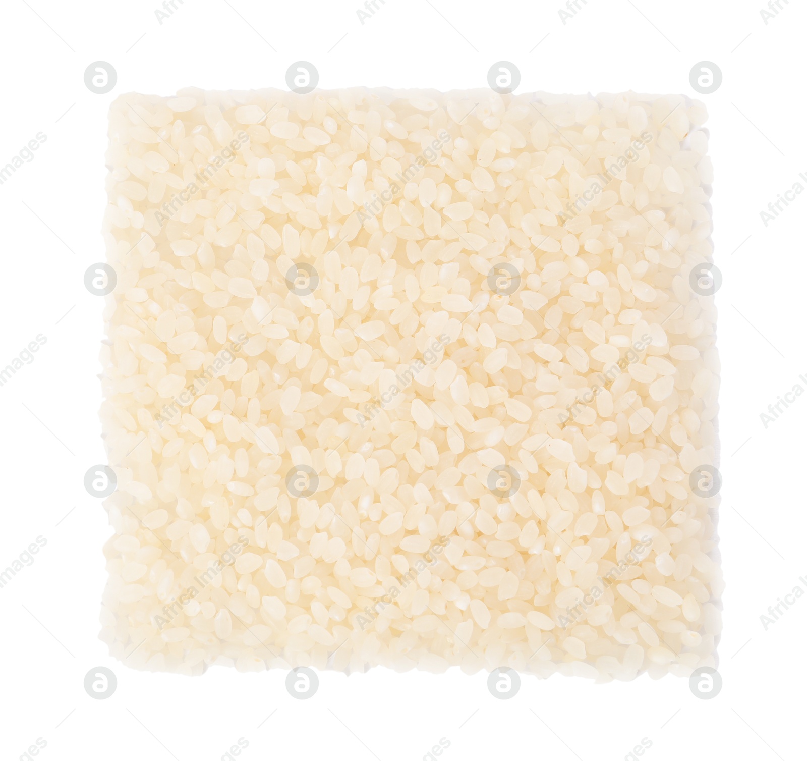 Photo of Raw rice isolated on white, top view