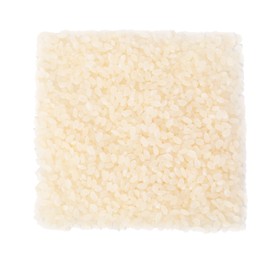 Photo of Raw rice isolated on white, top view