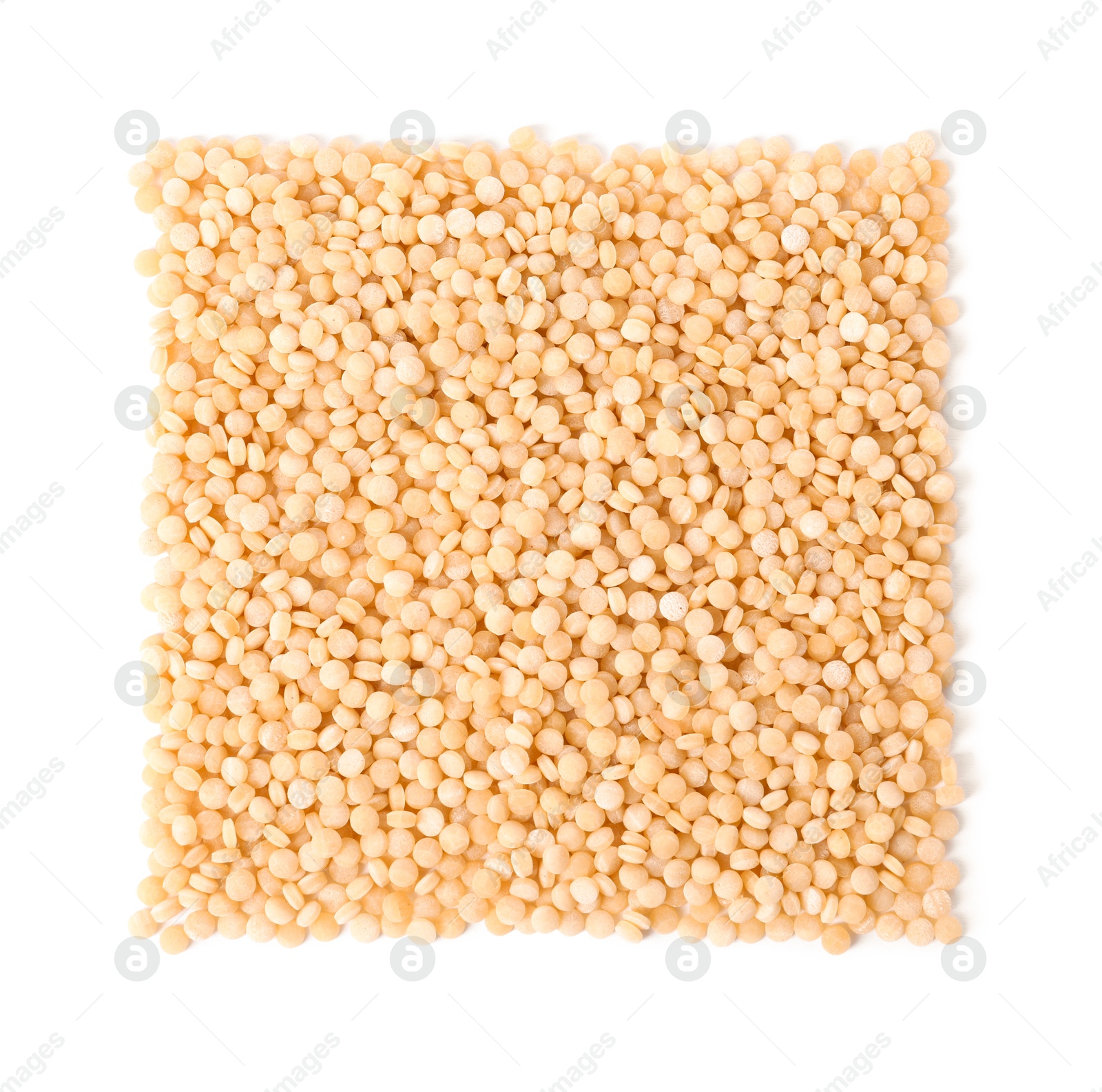 Photo of Raw couscous isolated on white, top view