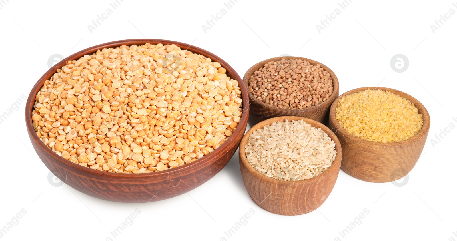 Photo of Different cereals and peas in bowls isolated on white