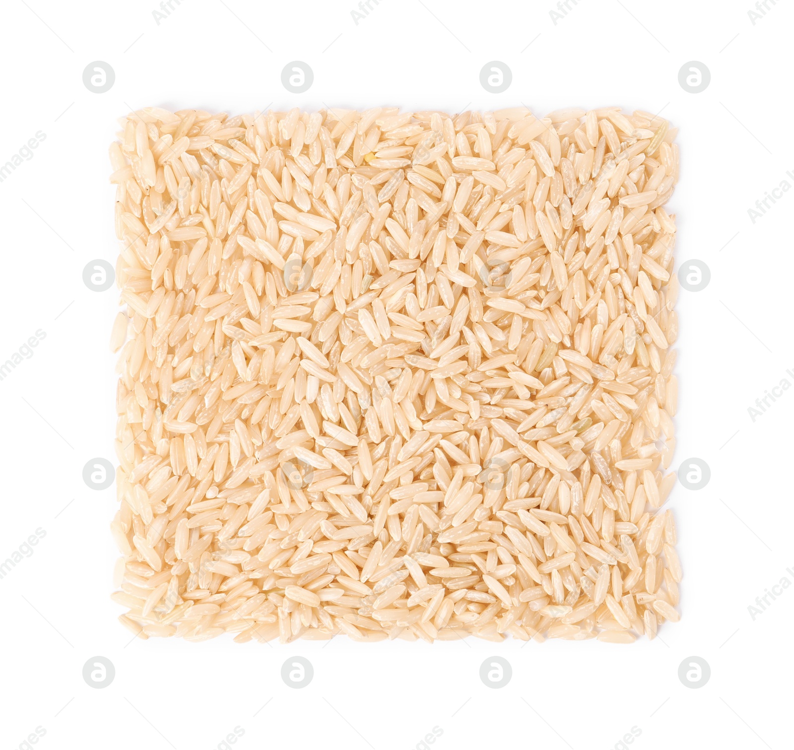 Photo of Raw rice isolated on white, top view