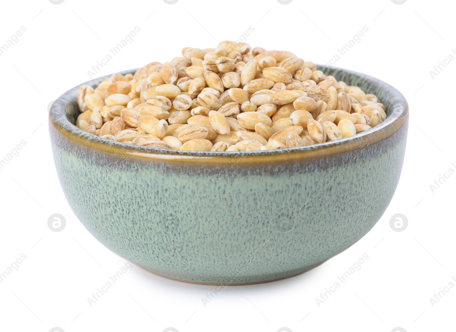 Photo of Pearl barley groats in bowl isolated on white