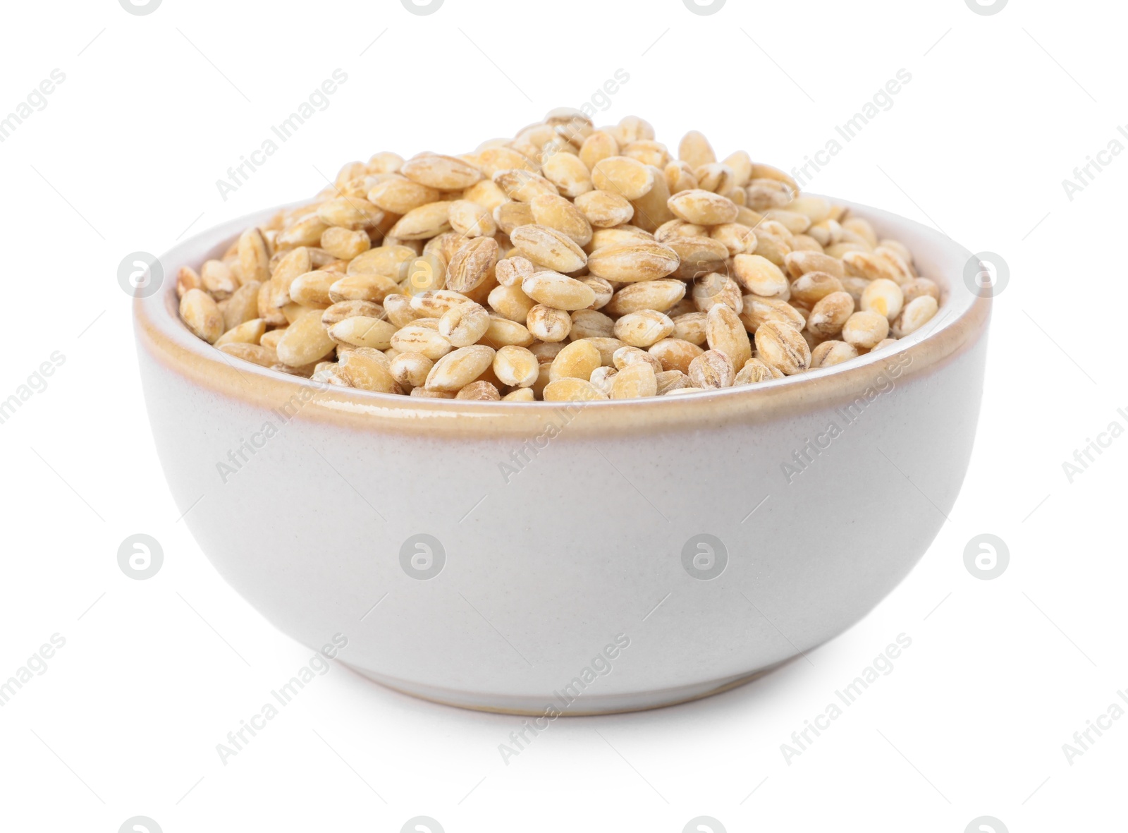 Photo of Pearl barley groats in bowl isolated on white