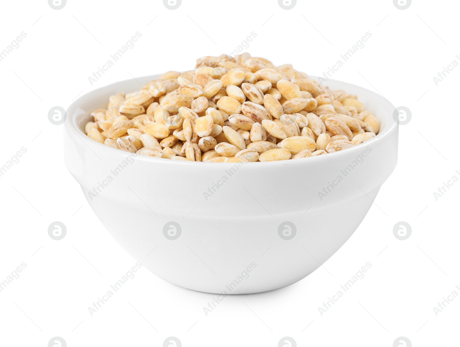 Photo of Pearl barley groats in bowl isolated on white