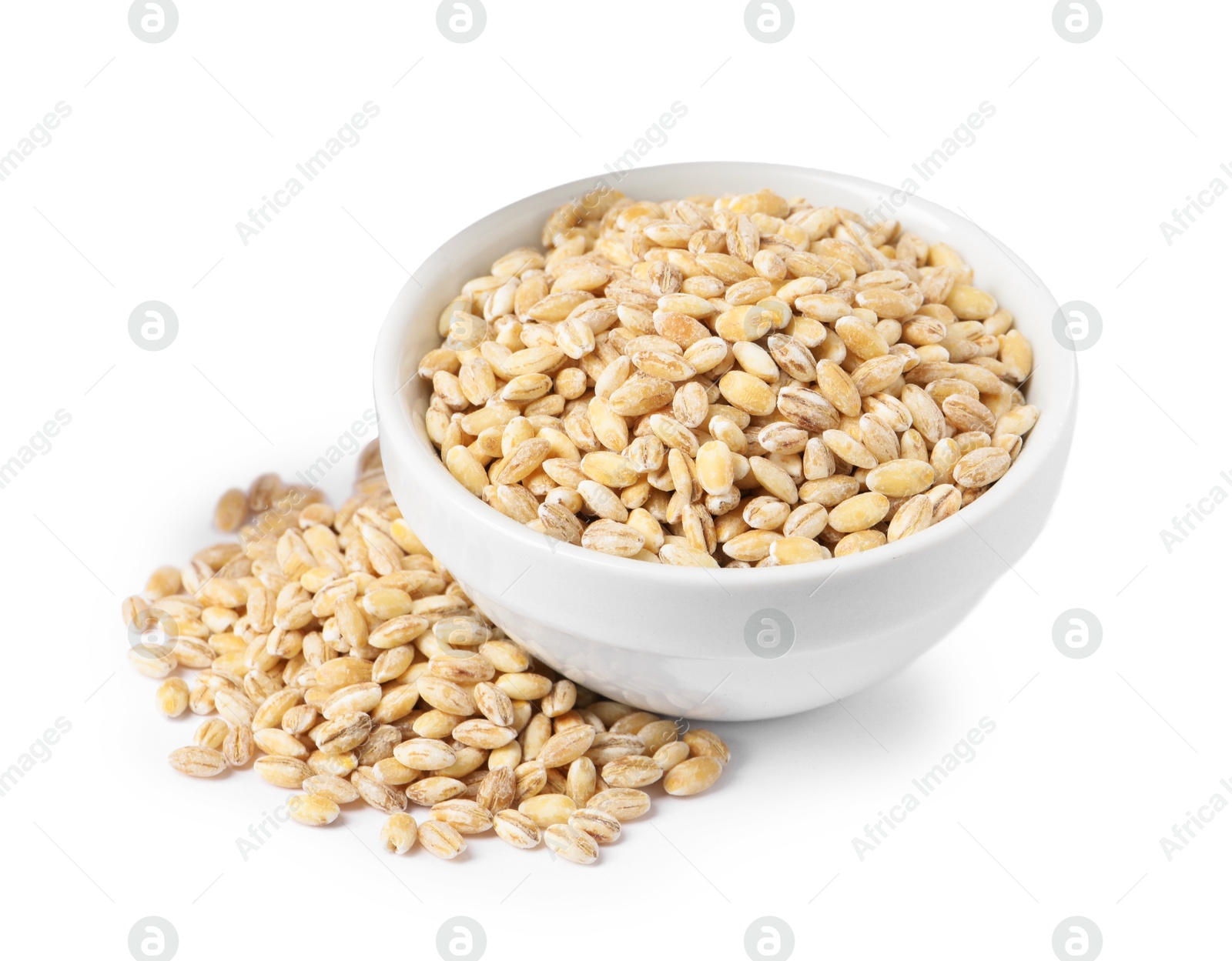 Photo of Pearl barley groats in bowl isolated on white