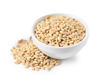 Photo of Pearl barley groats in bowl isolated on white