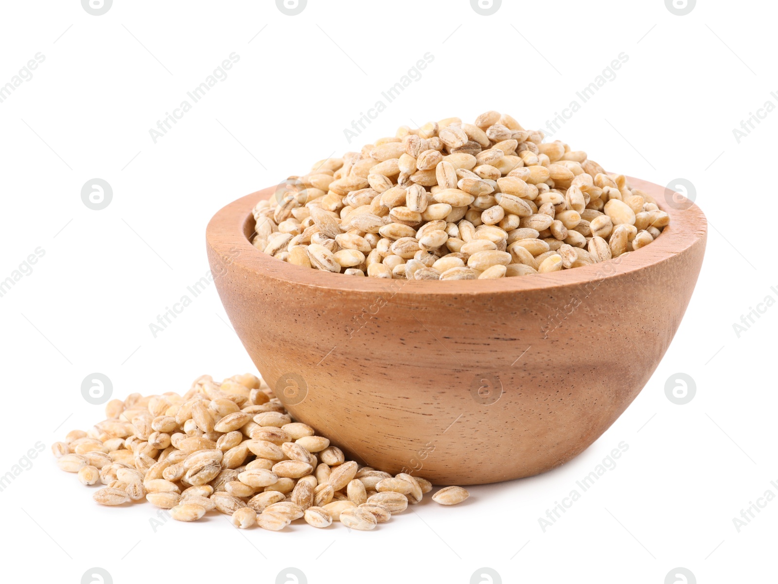 Photo of Pearl barley groats in bowl isolated on white