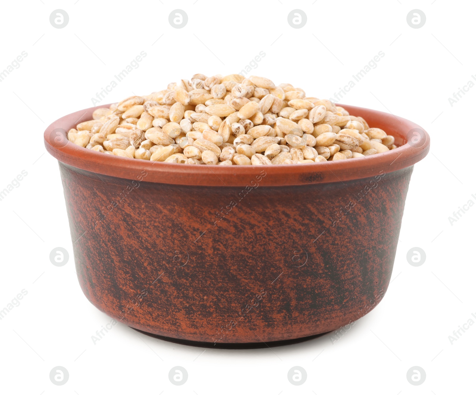 Photo of Pearl barley groats in bowl isolated on white