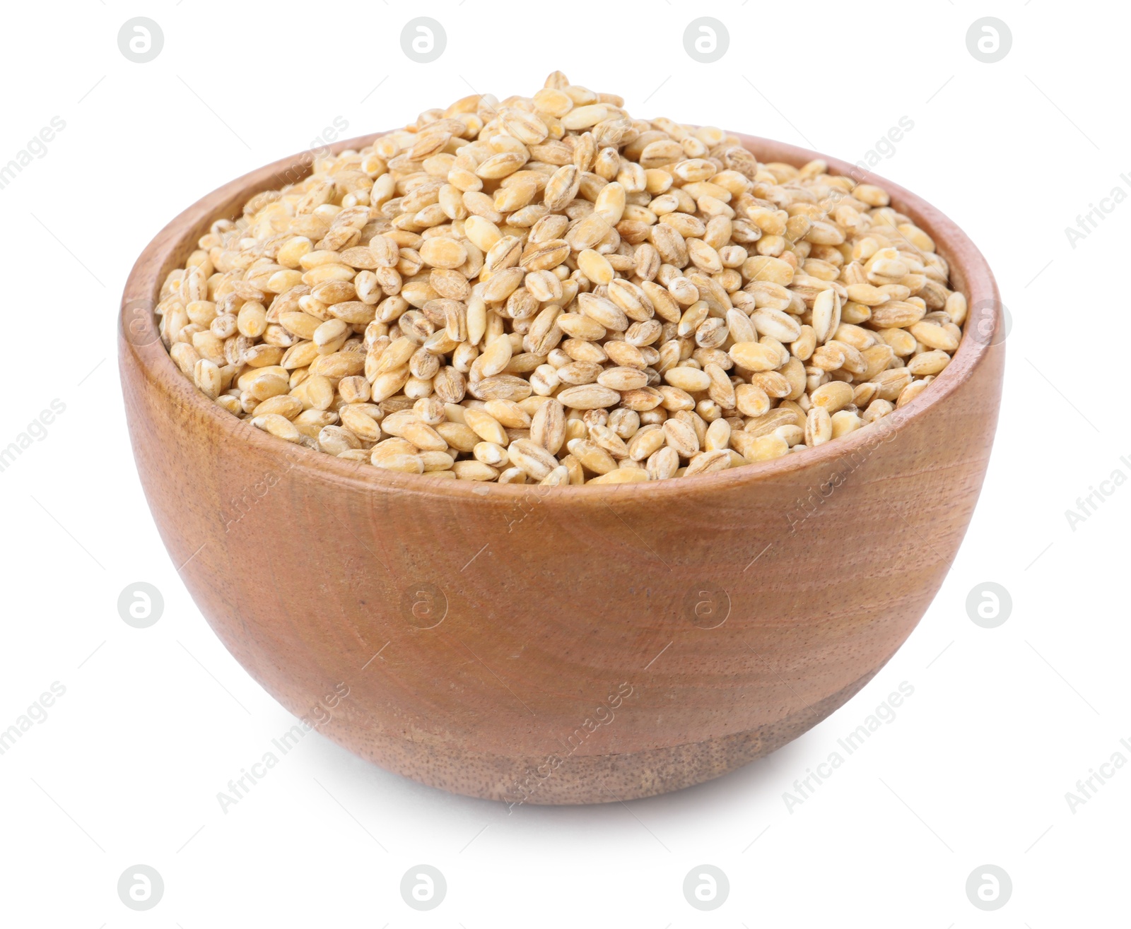 Photo of Pearl barley groats in bowl isolated on white