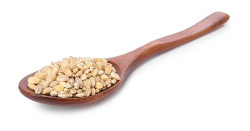 Photo of Spoon with pearl barley groats isolated on white