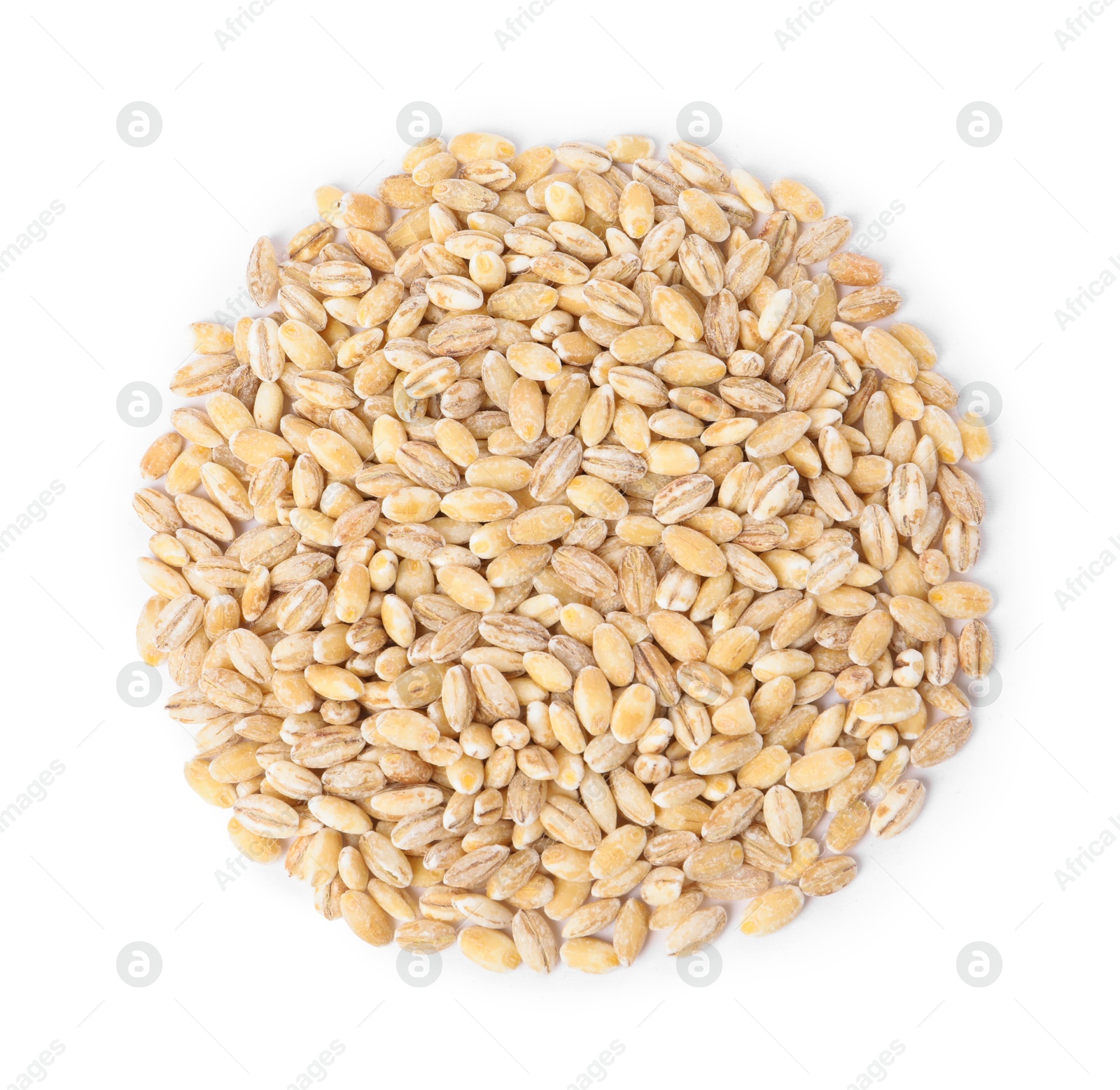 Photo of Pile of pearl barley groats isolated on white, top view