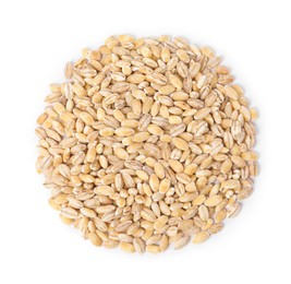 Photo of Pile of pearl barley groats isolated on white, top view