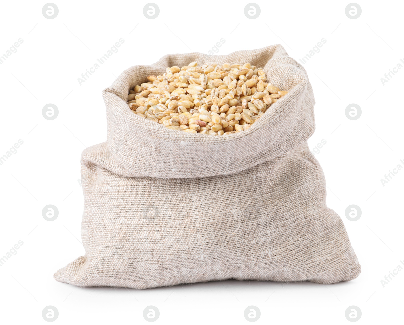 Photo of Pearl barley groats in sack isolated on white