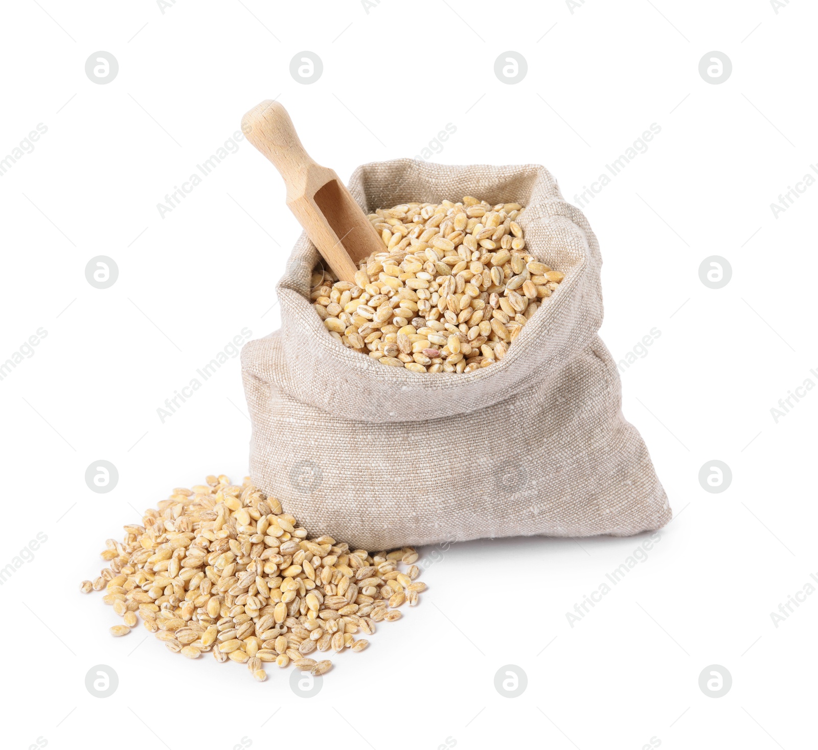 Photo of Pearl barley groats and scoop in sack isolated on white