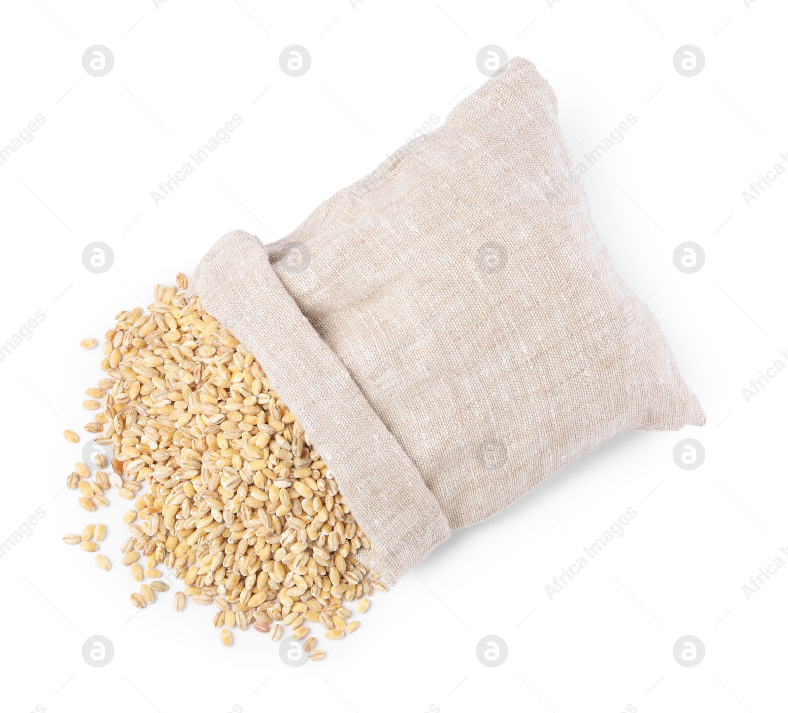 Photo of Pearl barley groats in sack isolated on white, top view