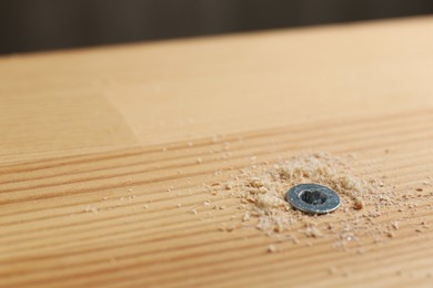 Photo of Screw in wooden plank and sawdust, closeup