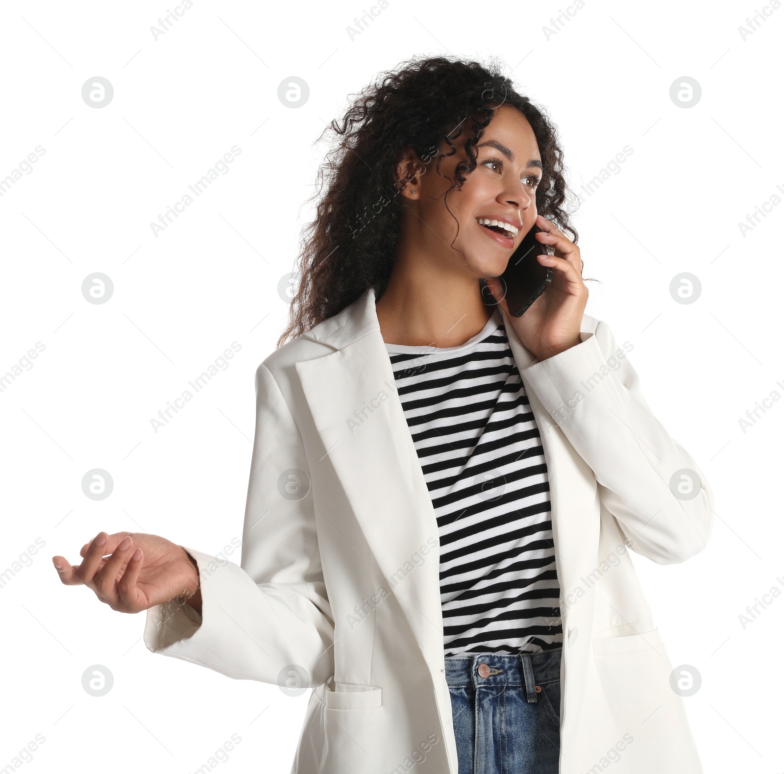 Photo of Beautiful woman in stylish jacket talking on smartphone against white background