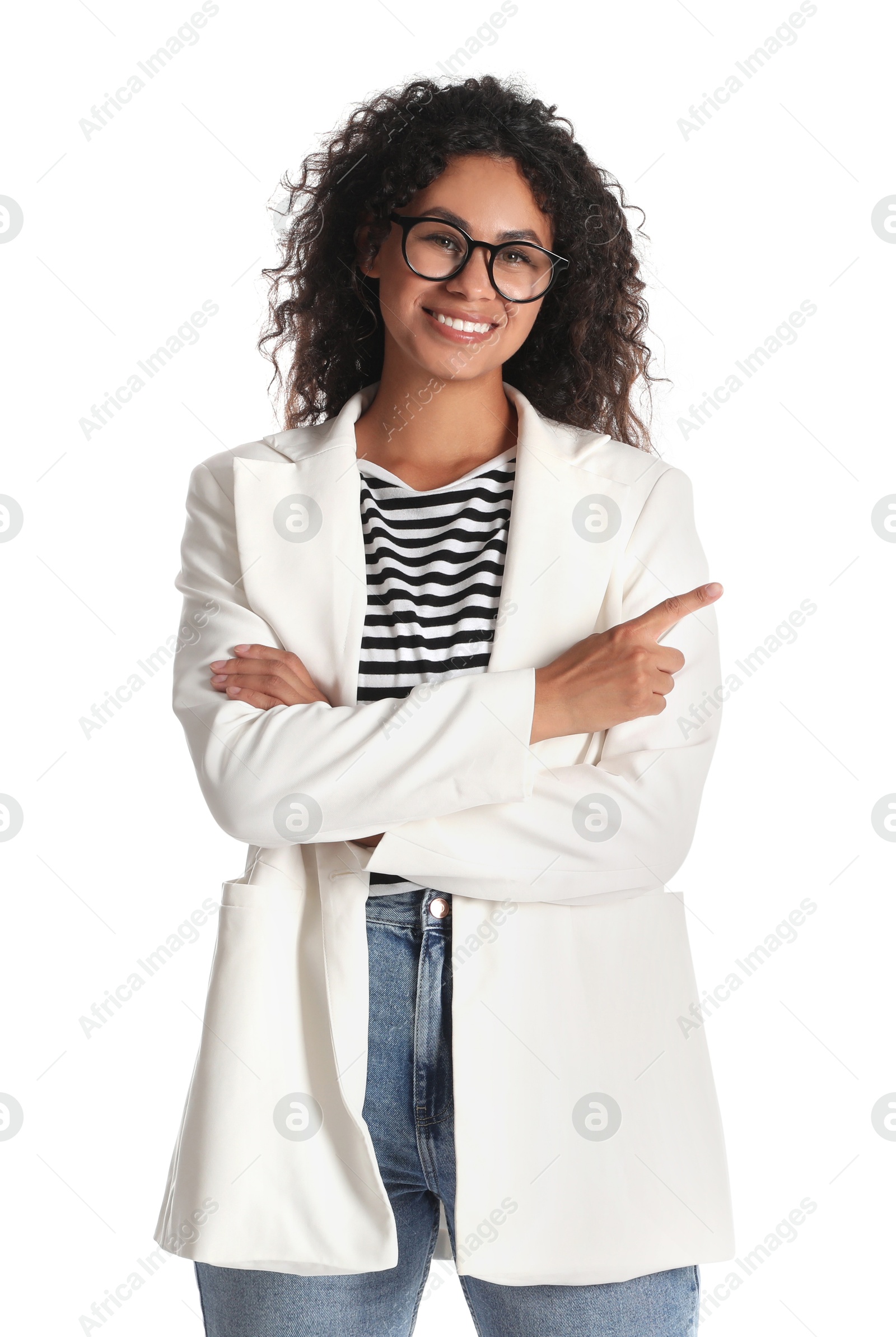 Photo of Beautiful woman in stylish jacket on white background