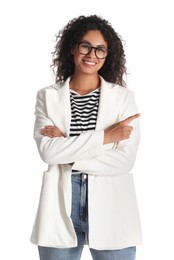 Photo of Beautiful woman in stylish jacket on white background