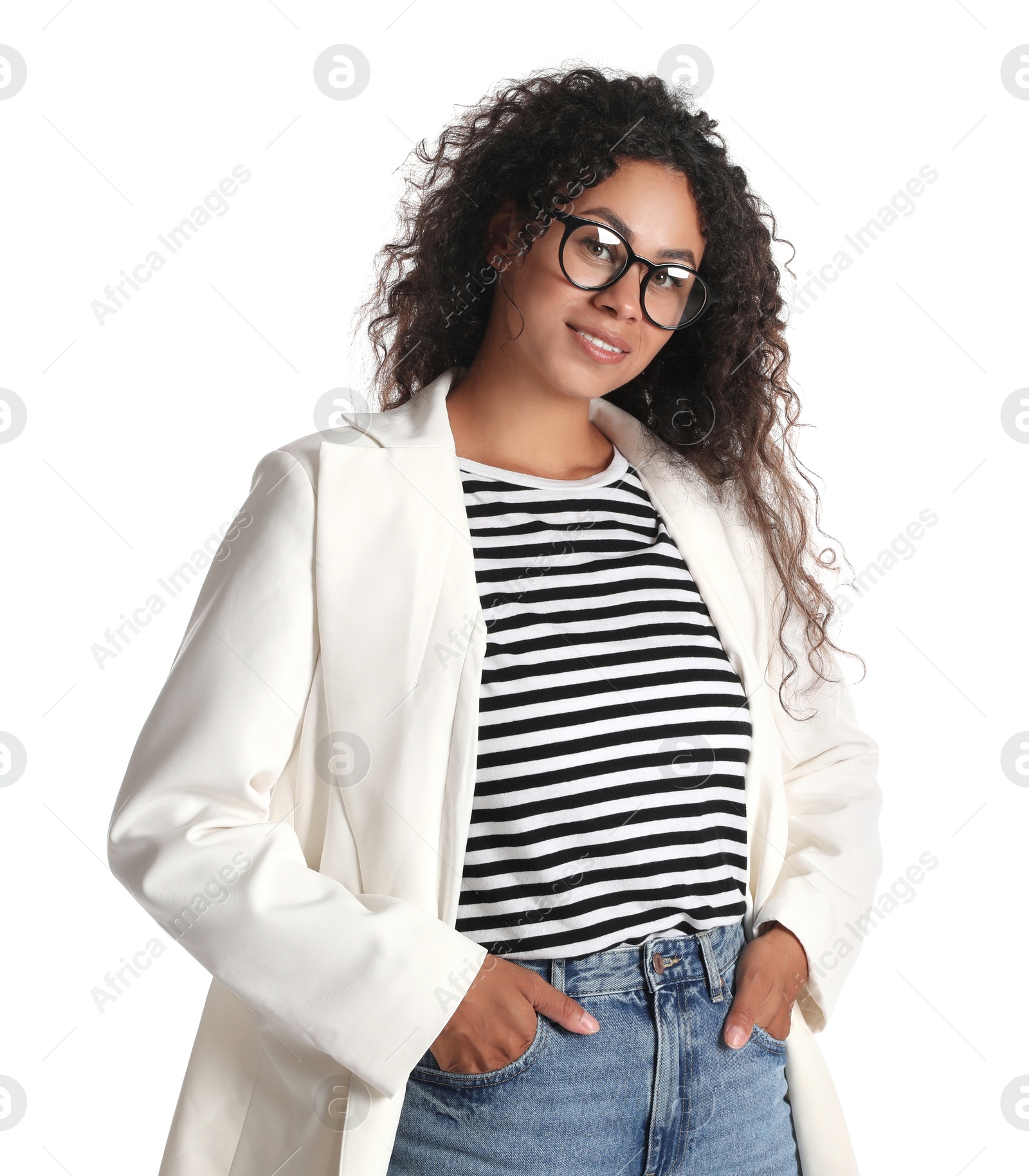 Photo of Beautiful woman in stylish jacket on white background