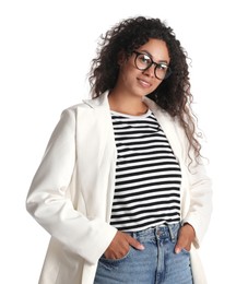 Beautiful woman in stylish jacket on white background